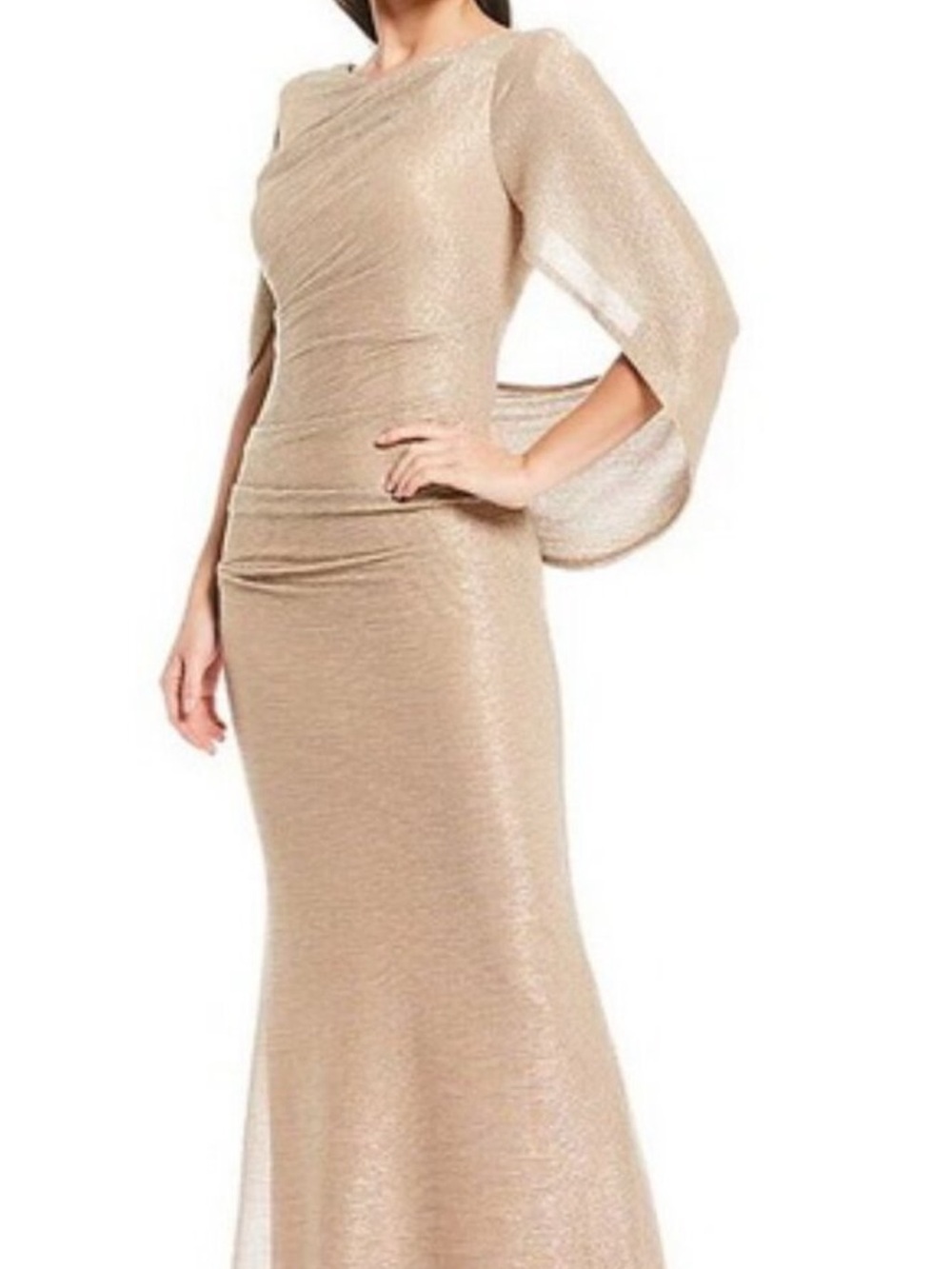 Betsy & Adam Shimmery Champagne Cape Sleeve Mermaid Gown